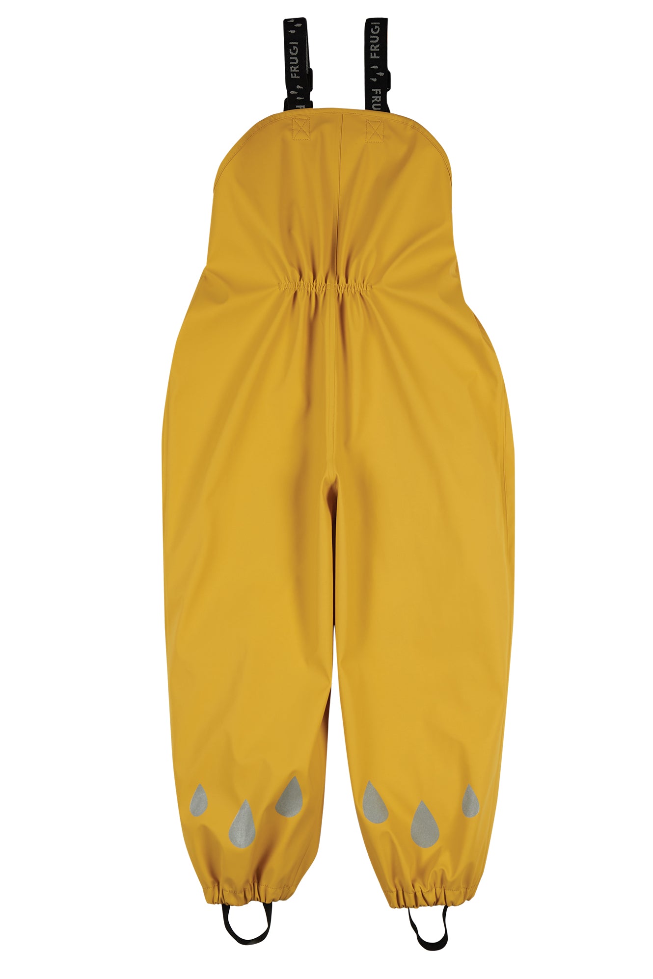 Frugi yellow waterproof children's dungarees with rain drop reflectors on a white background