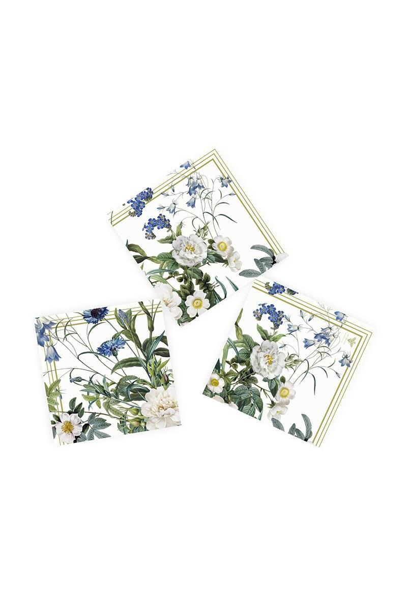 Set of three floral napkins with white flowers and green leaves on a white background