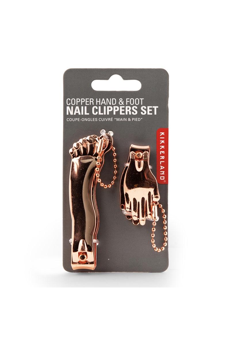 Copper hand and foot nail clippers set on Kikkerland packaging