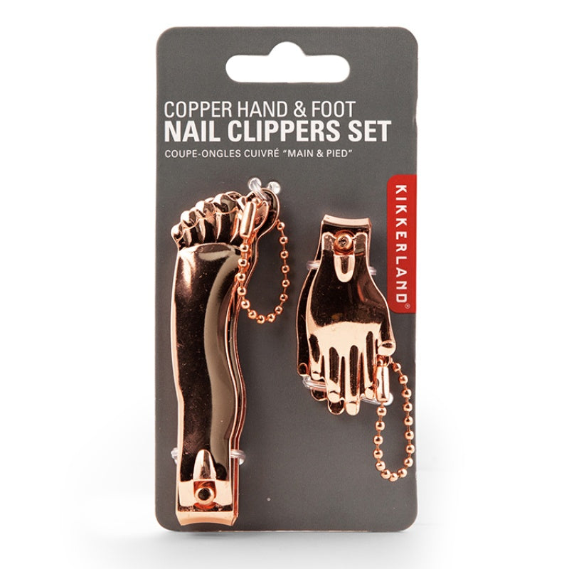 Copper hand and foot nail clippers set on Kikkerland packaging