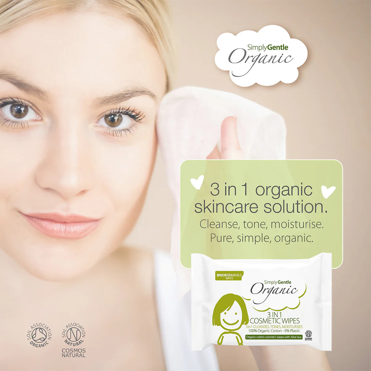 Woman using organic skincare solution with 'Simply Gentle Organic' packaging in the foreground.