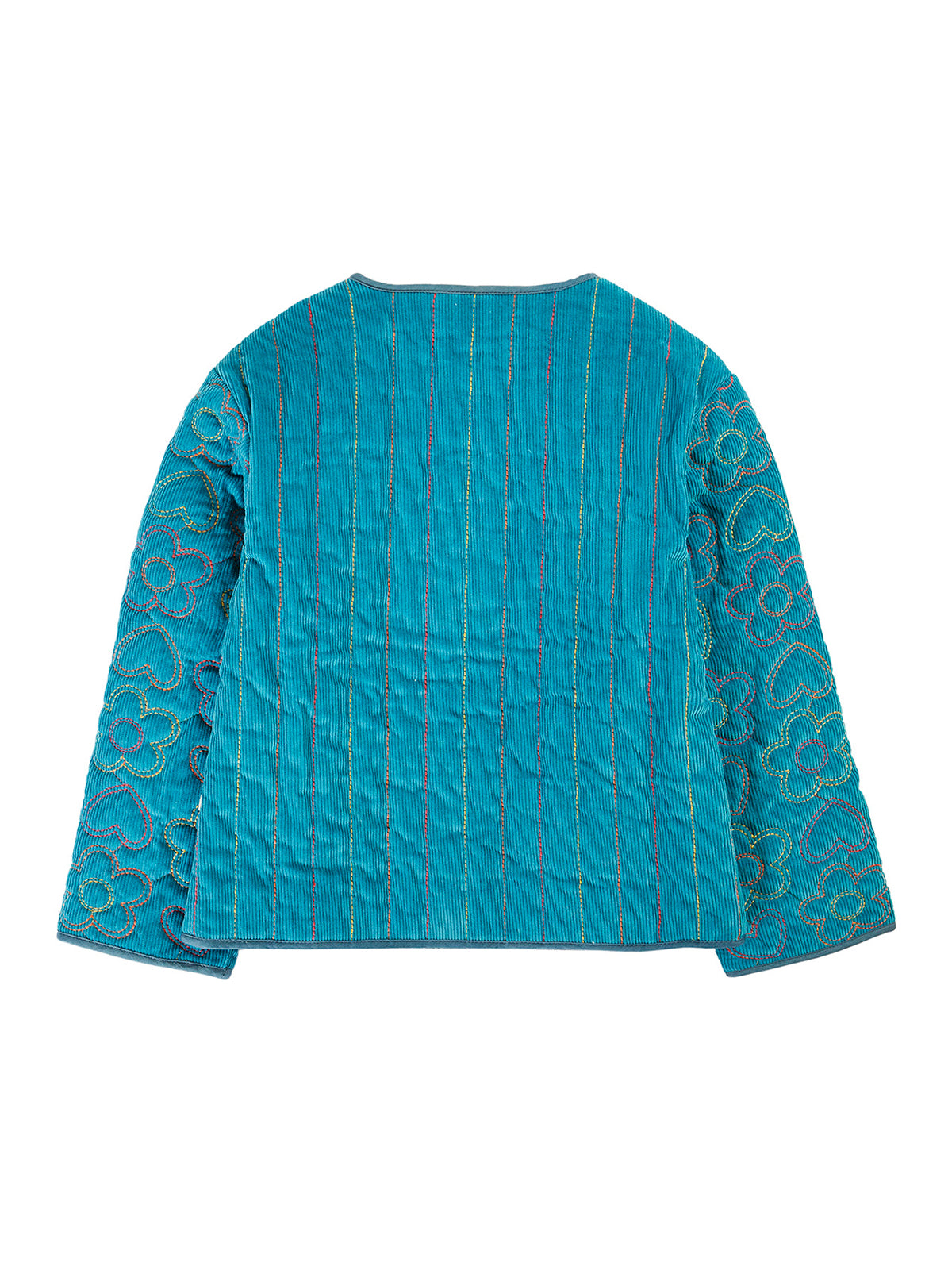 A Frugi girls organic cotton cord jacket in teal blue with colorful floral embroidery on the sleeves.