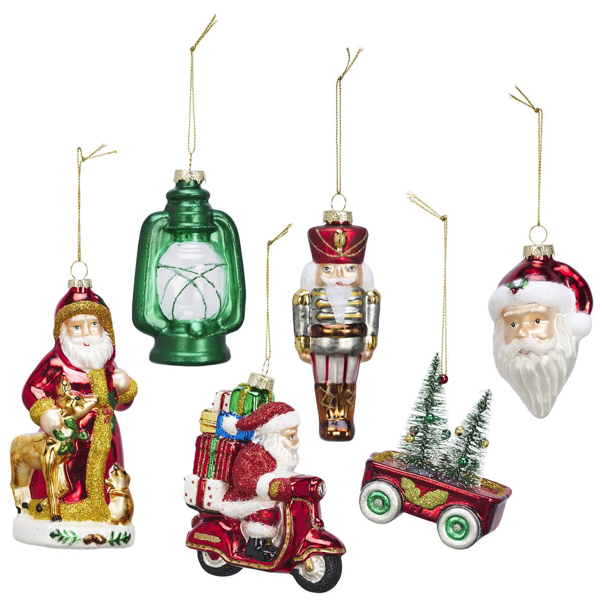 A set of assorted glass Christmas ornaments including Santa, a nutcracker, and a lantern against a white background.