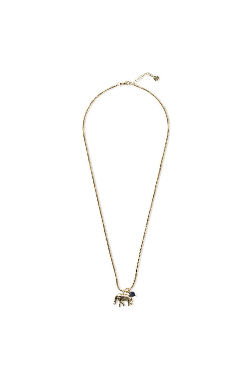 Gold necklace with elephant pendant on a white background