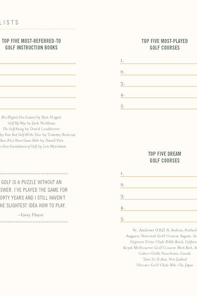 Open pages of a golf journal featuring blank top five lists for movies, courses, and books for golf enthusiasts.