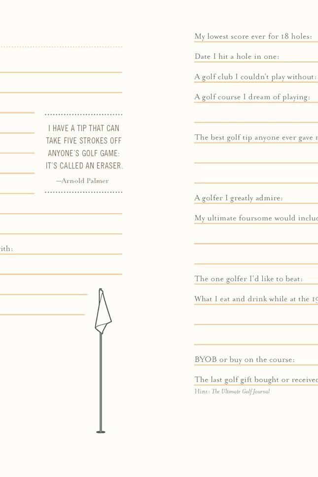 Open pages of a golf log book featuring prompts for personal stats, memories, and fun facts.