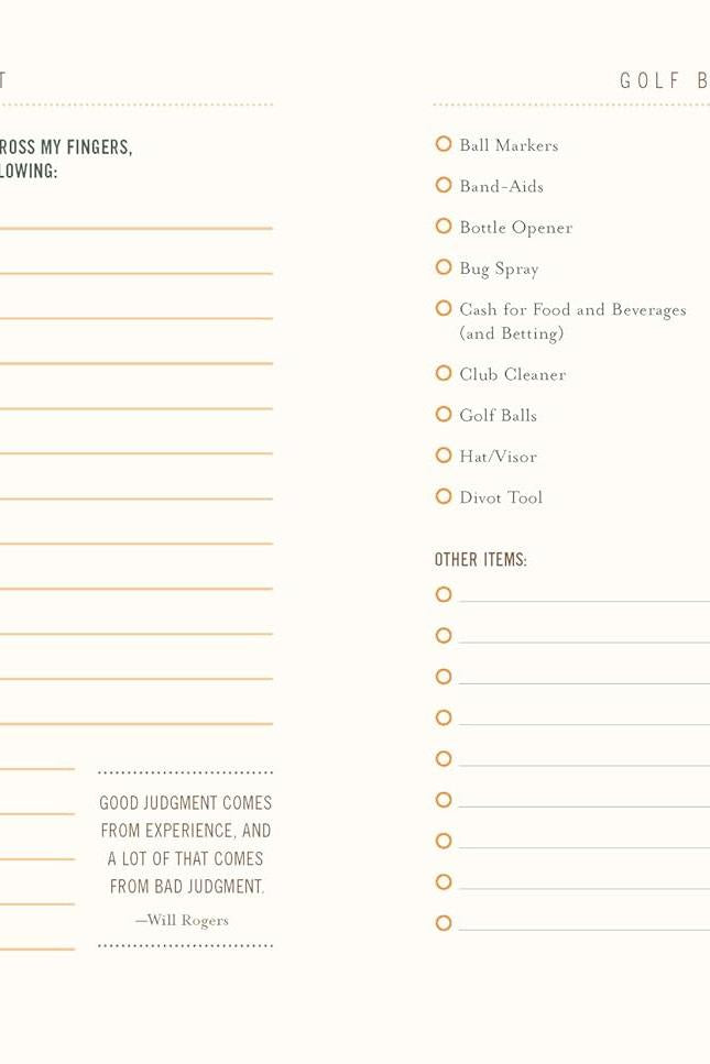 Open pages of a golf log book featuring a wish list section and a golf bag essentials checklist.