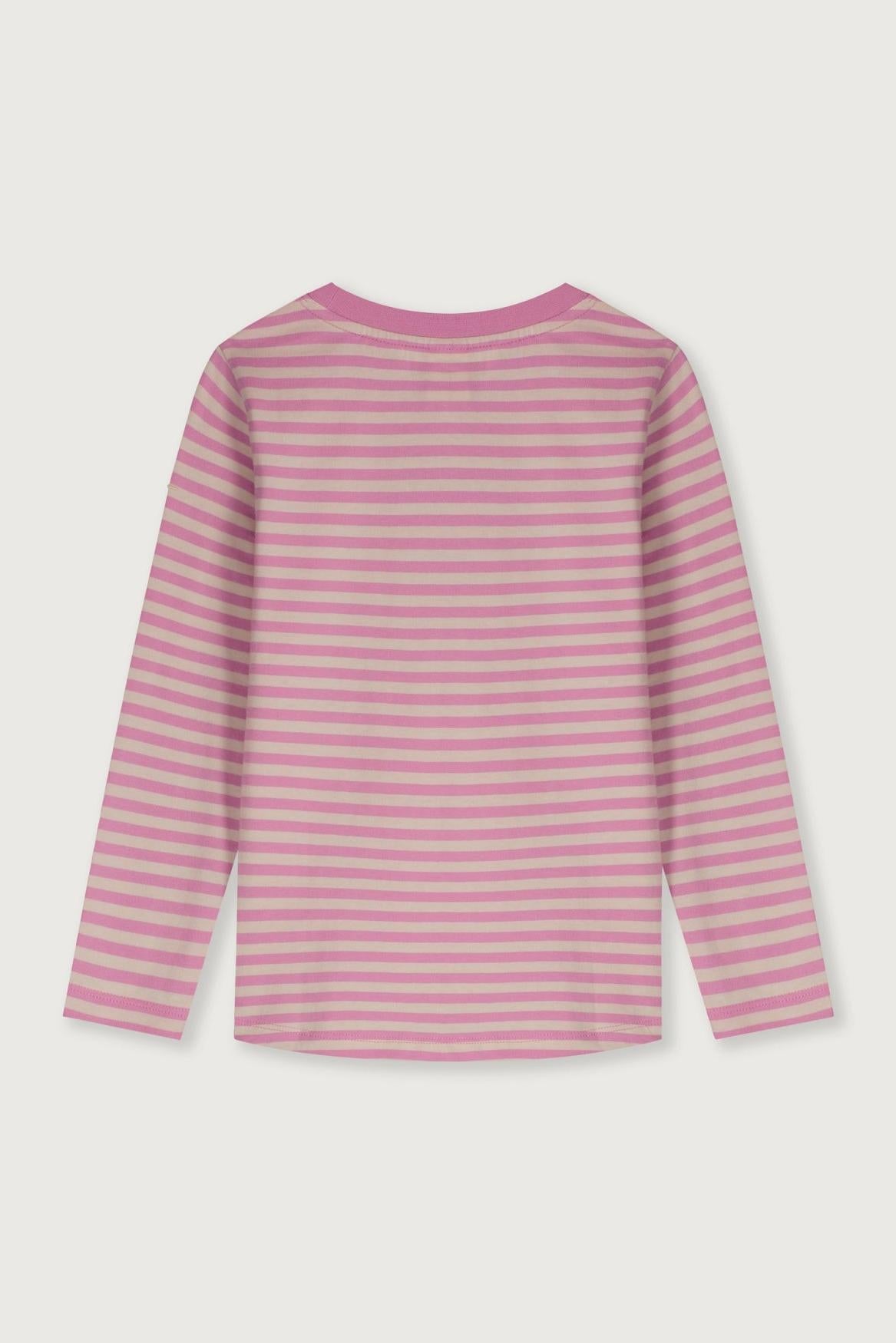 A pink and white striped long-sleeve top shown from the back, laid flat against a light gray background.