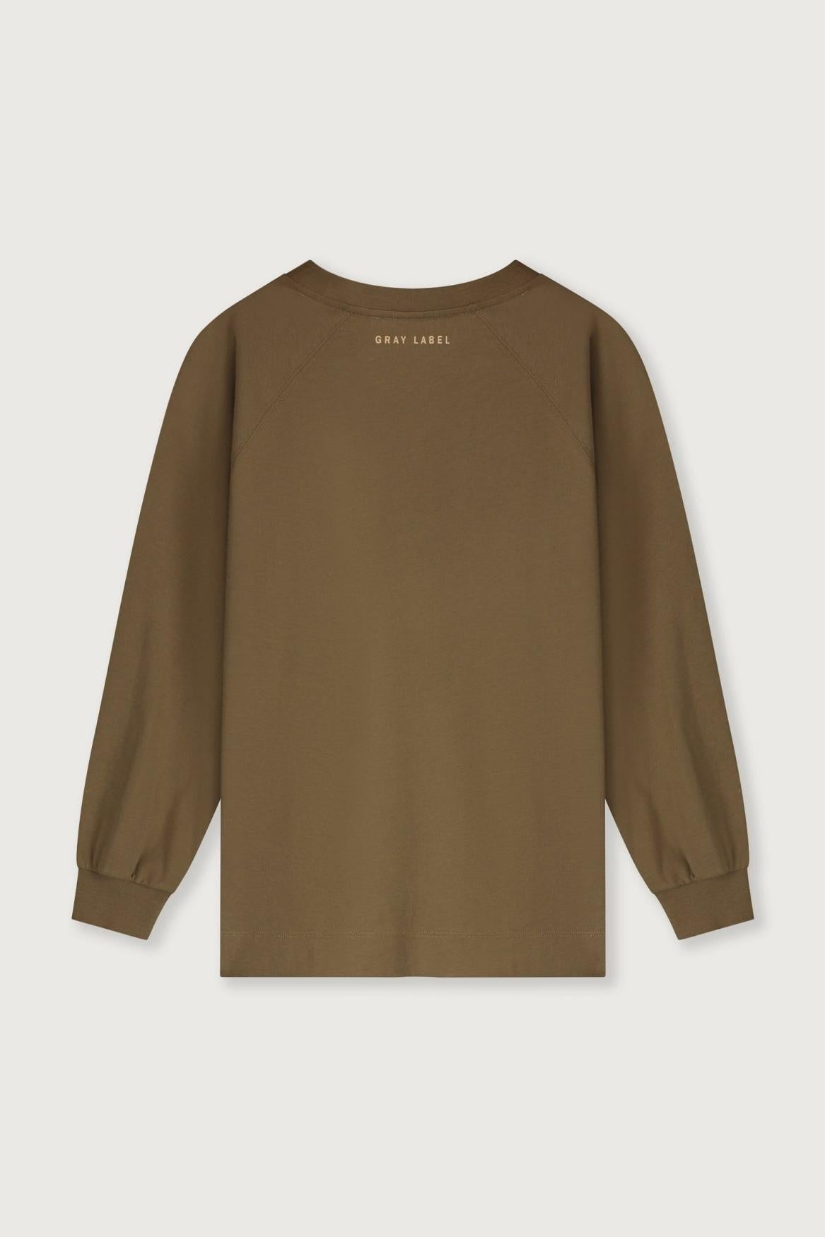 A long-sleeve crewneck sweatshirt in a solid brownish-olive color, featuring the text 'GRAY LABEL' printed in small gold letters on the inside of the collar, displayed on a light gray background.