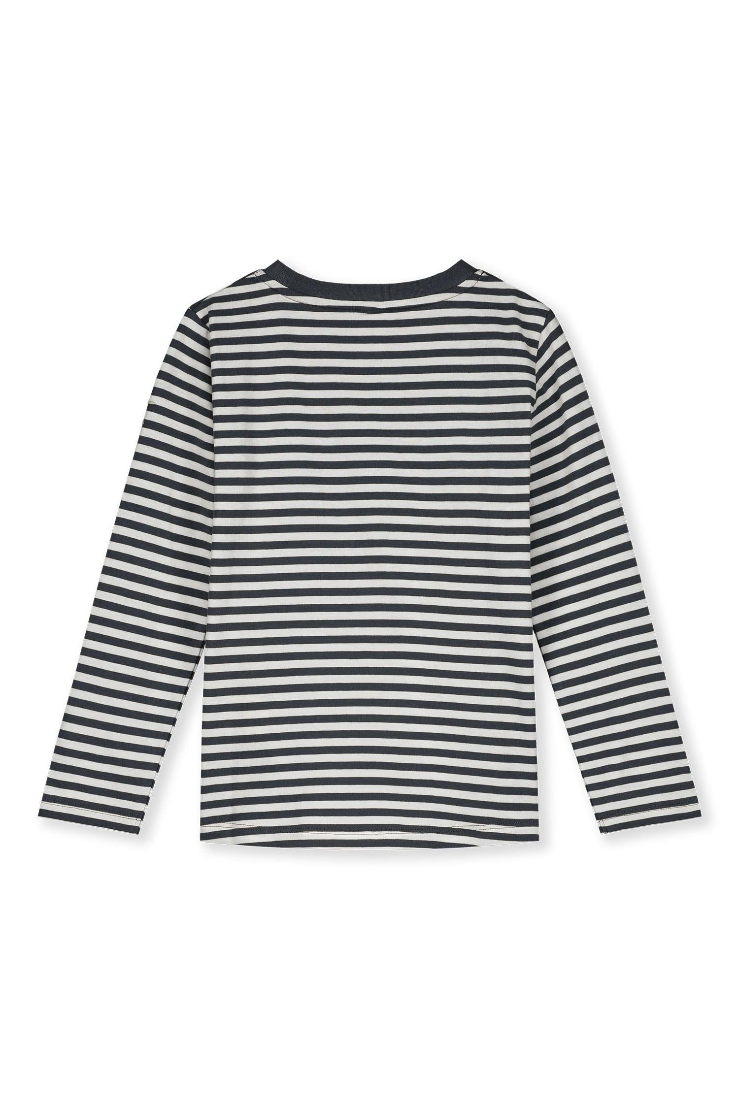 A long-sleeve striped top with horizontal black and white stripes, shown flat against a white background.