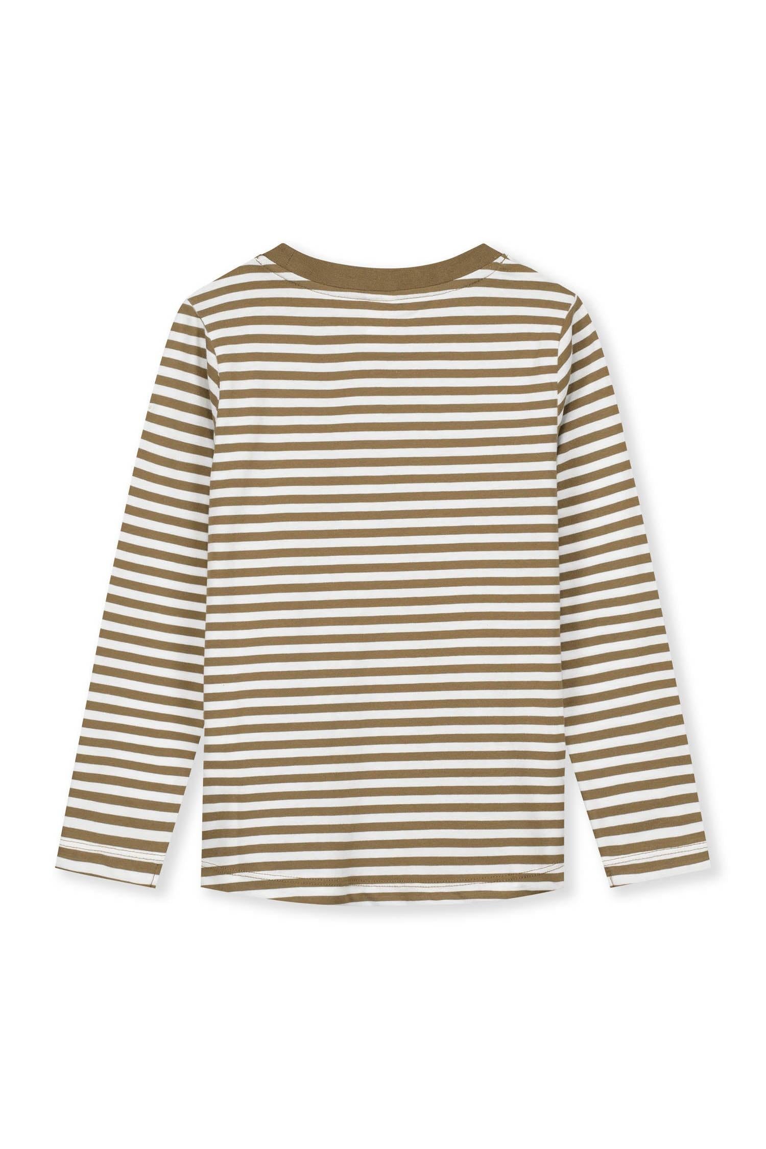 Striped long-sleeve shirt with brown and white stripes on a white background