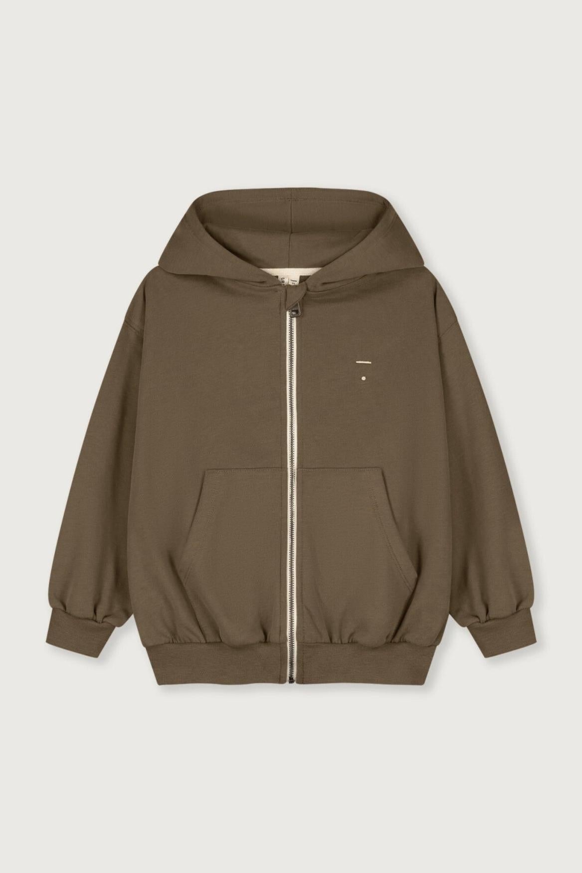 A dark brown zip-up hoodie with a small embroidered logo on the left chest, displayed flat against a light gray background.
