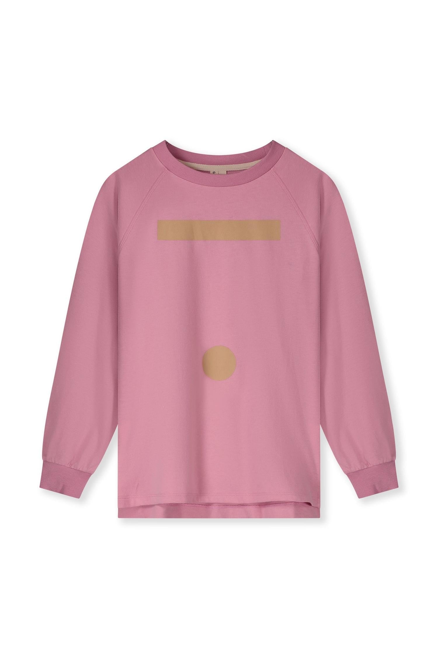 A pink long-sleeve raglan sweatshirt with a tan geometric graphic on the chest (a horizontal rectangle above a vertical oval), shown on a plain white background.