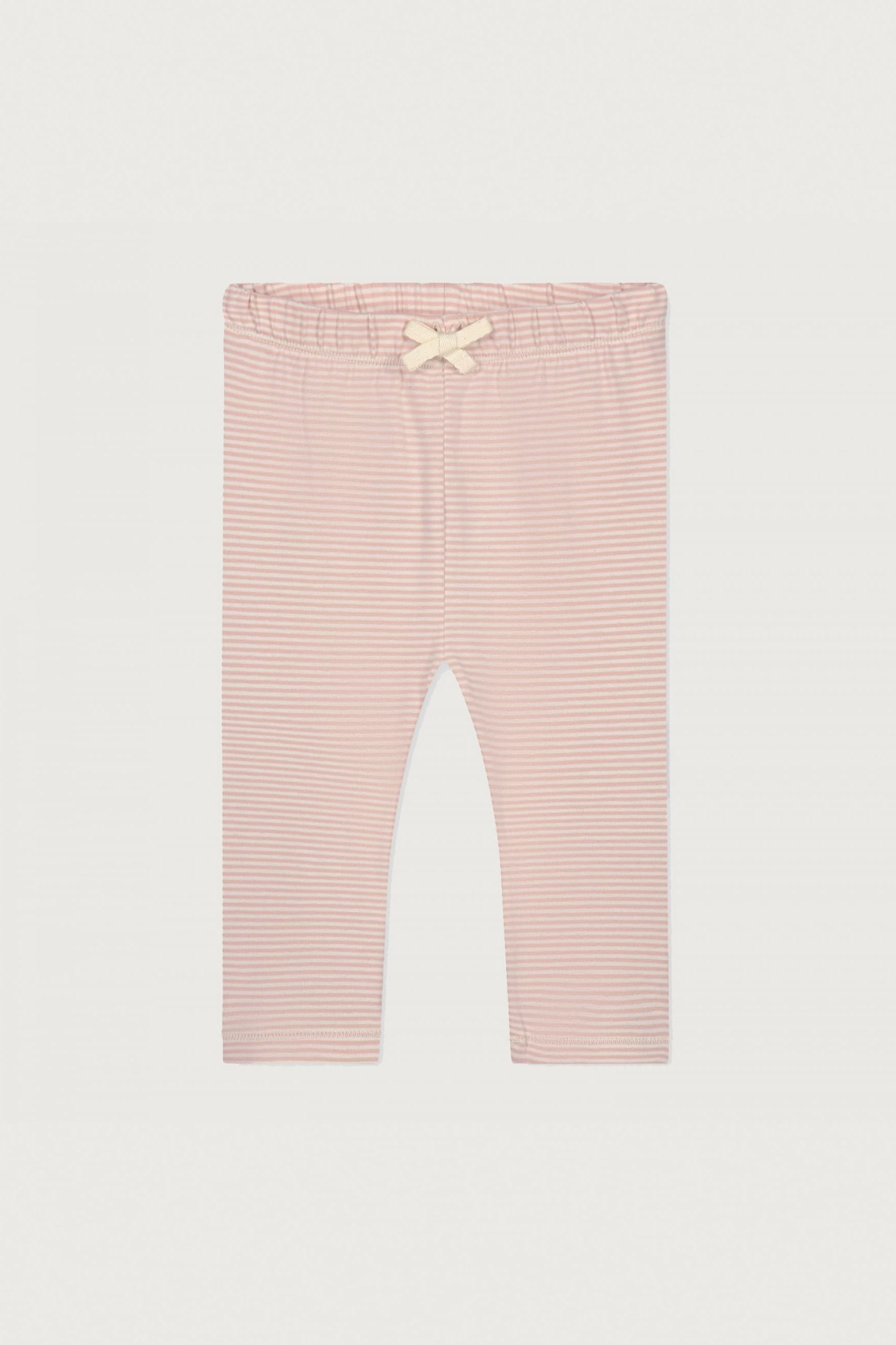 Light pink and white striped baby leggings with an elastic waistband and a small cream bow accent, shown flat against a light gray background.