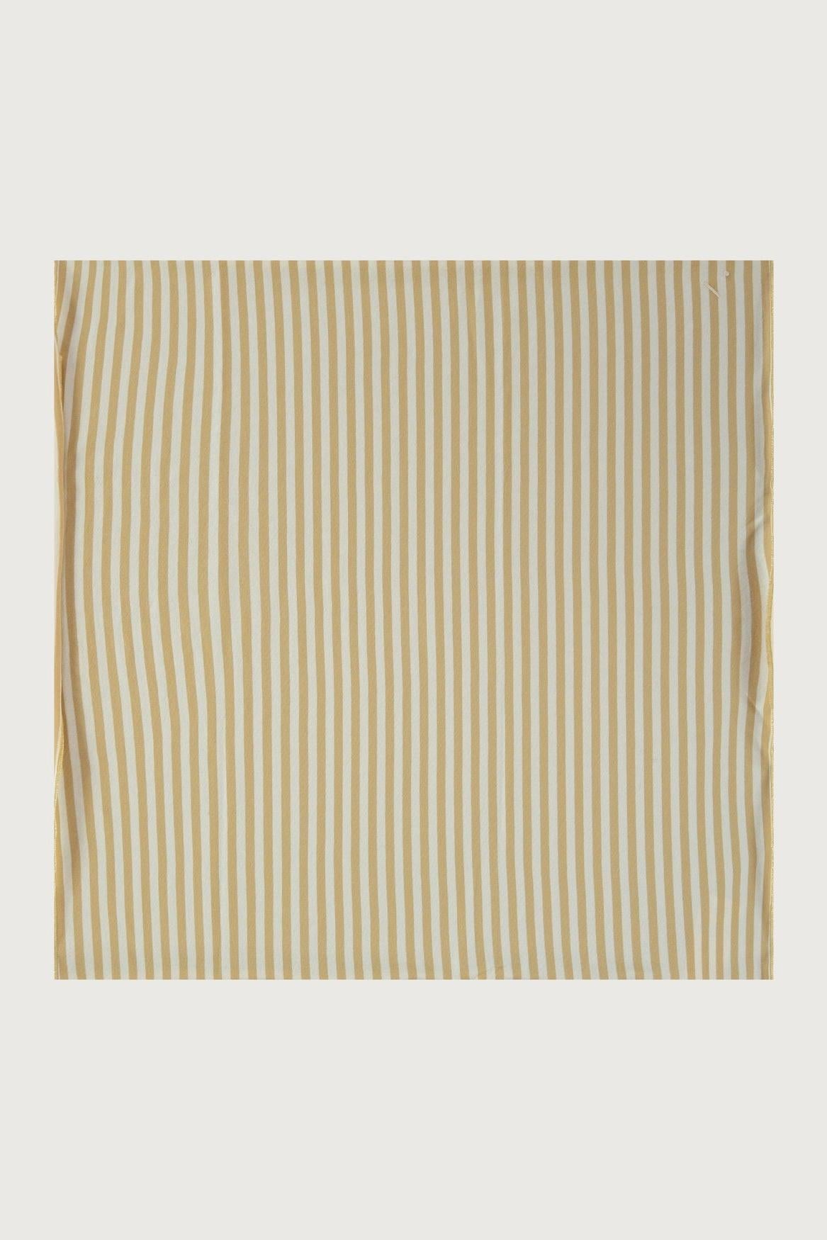 A square fabric swatch with a vertical stripe pattern in beige and white, centered on a light gray background.