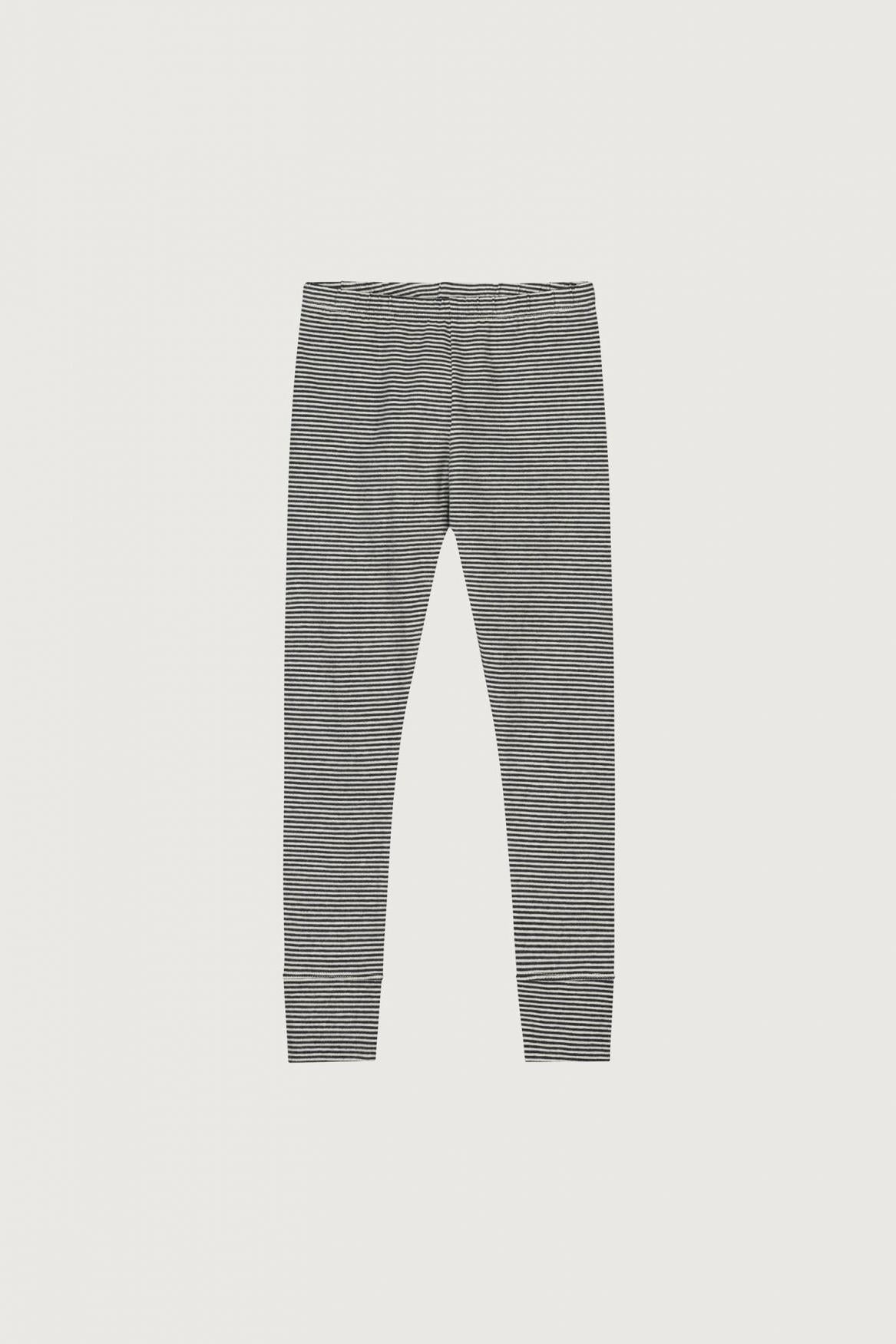 A pair of gray and white horizontally striped leggings displayed flat against a light gray background.