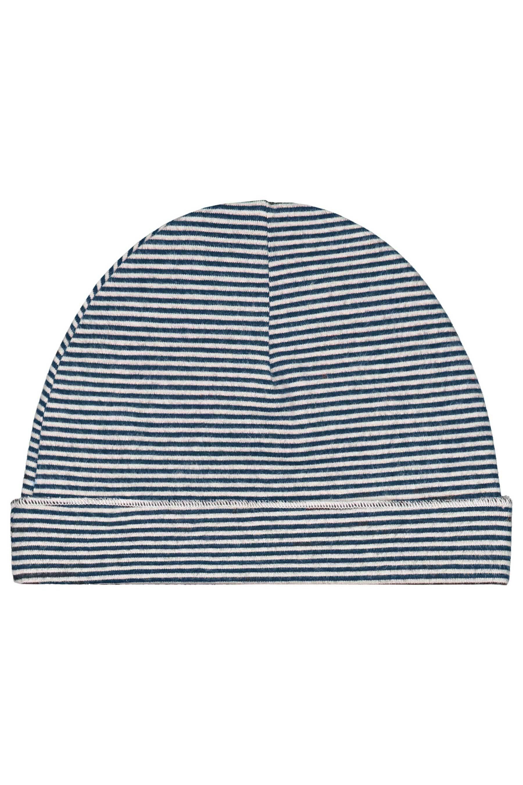 A knit beanie hat with horizontal navy blue and white stripes, featuring a folded cuff, shown against a plain white background.