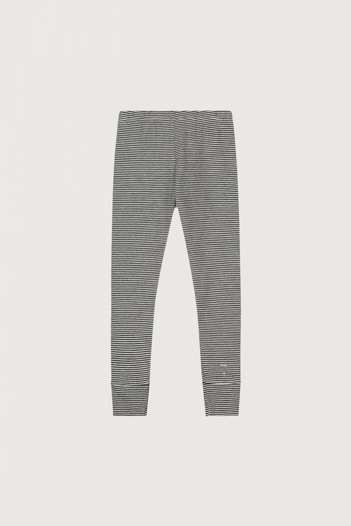Gray and white striped leggings shown flat against a light gray background.