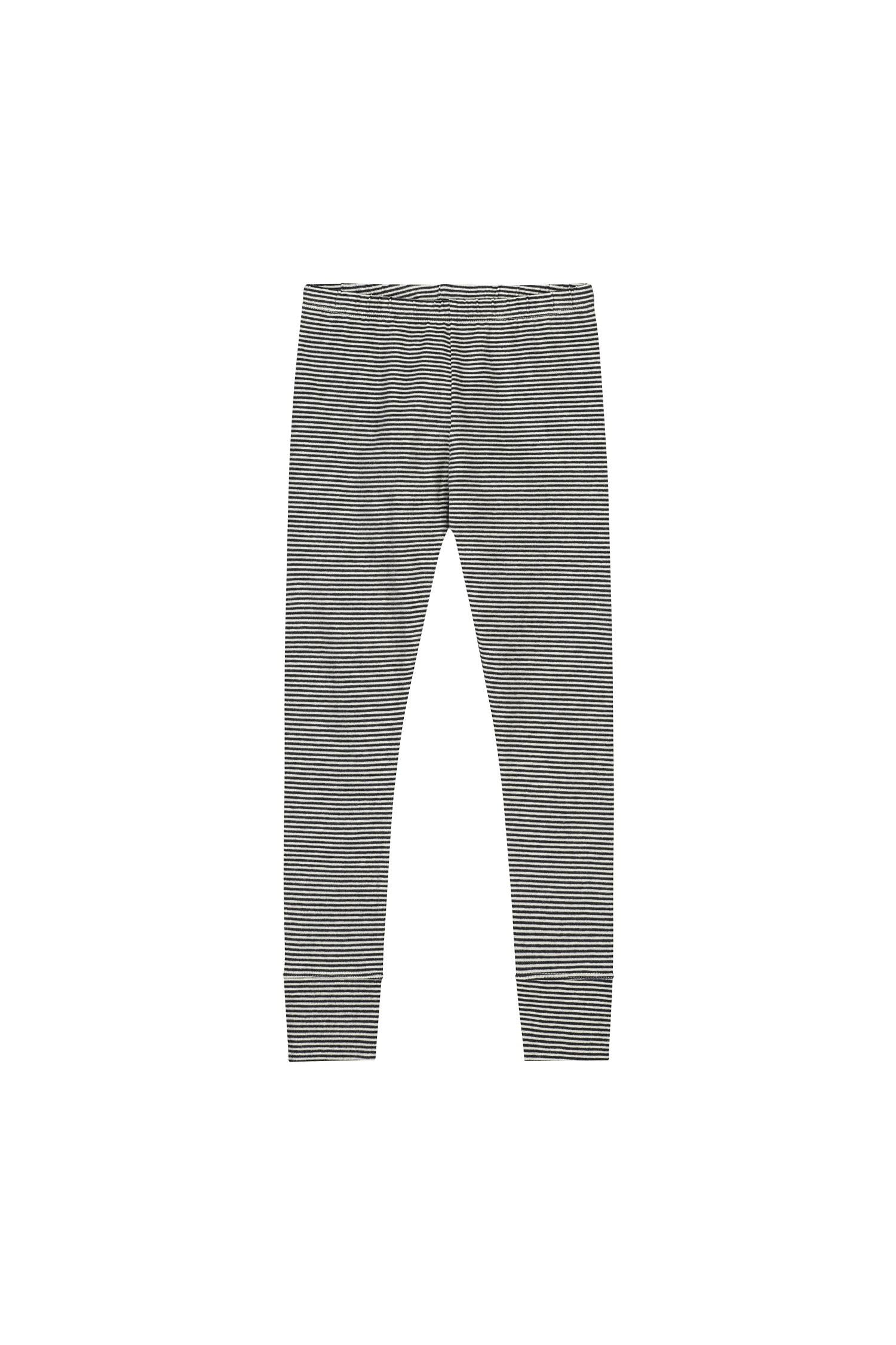 A pair of gray and white horizontally striped leggings shown flat against a solid white background.