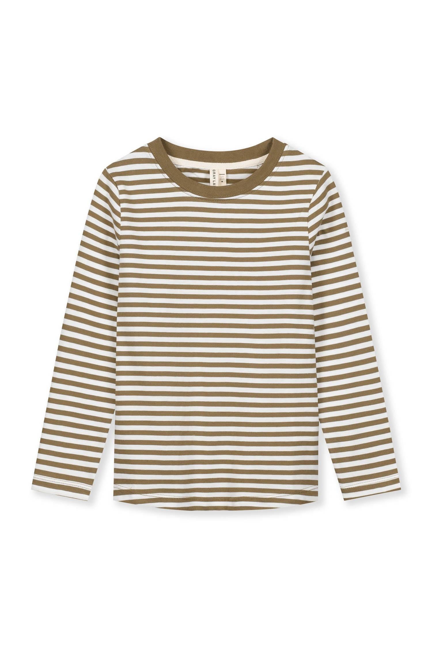 Striped long-sleeve shirt with brown and white stripes on a white background