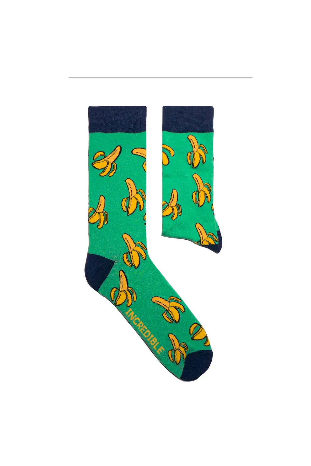Pair of green crew socks featuring a yellow banana pattern and the word Incredible written on the side