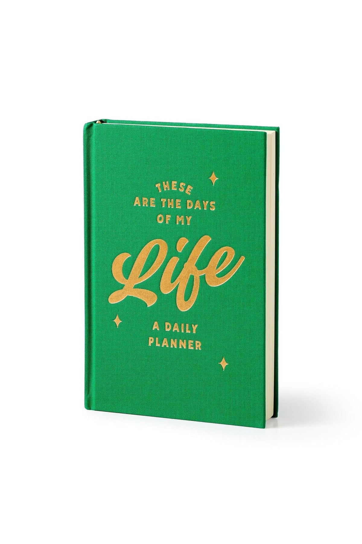 A green daily planner book with gold foil lettering reading These Are The Days Of My Life on a white background.