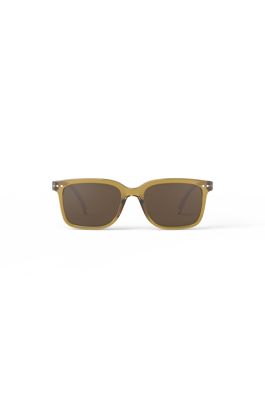 A pair of stylish sunglasses with transparent amber frames and dark brown lenses isolated on a white background.