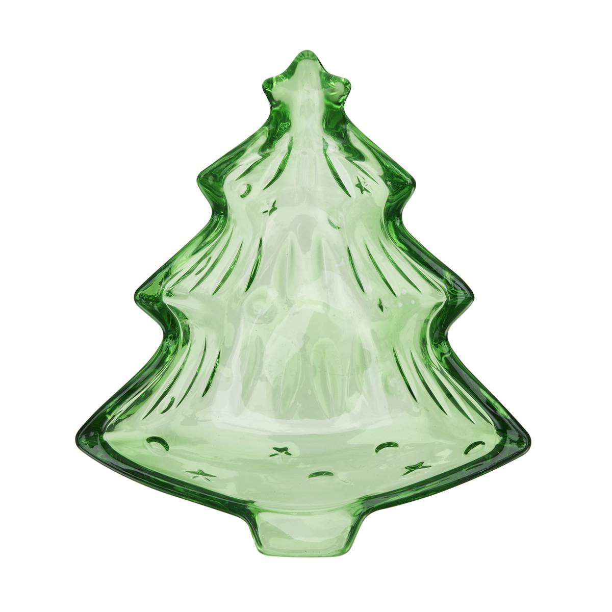 A decorative green glass serving dish shaped like a Christmas tree on a white background.