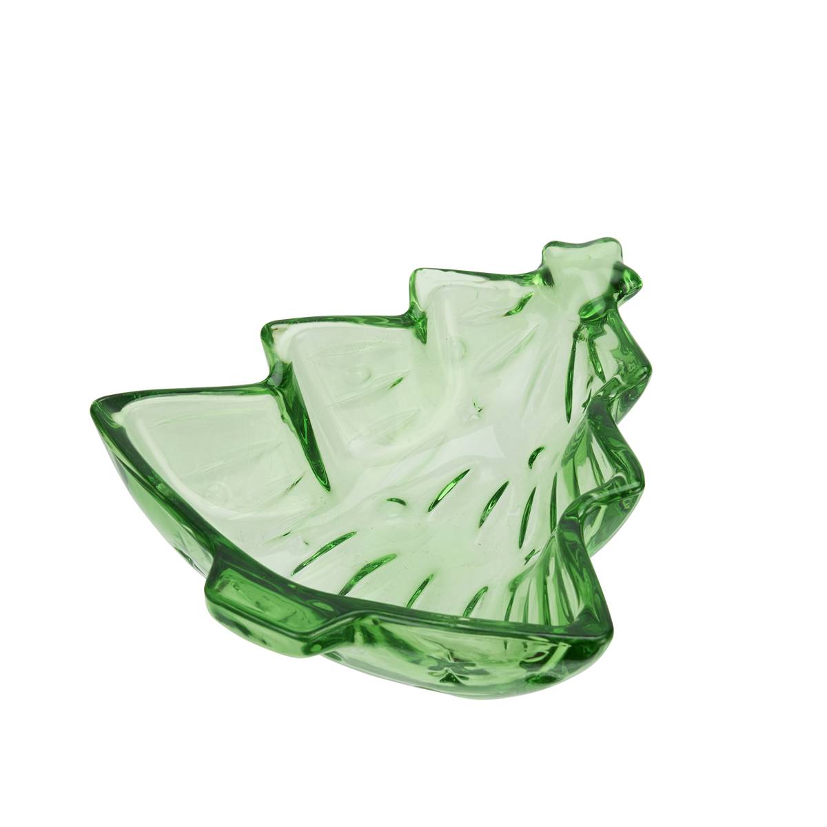 A festive green glass Christmas tree serving dish on a white background.