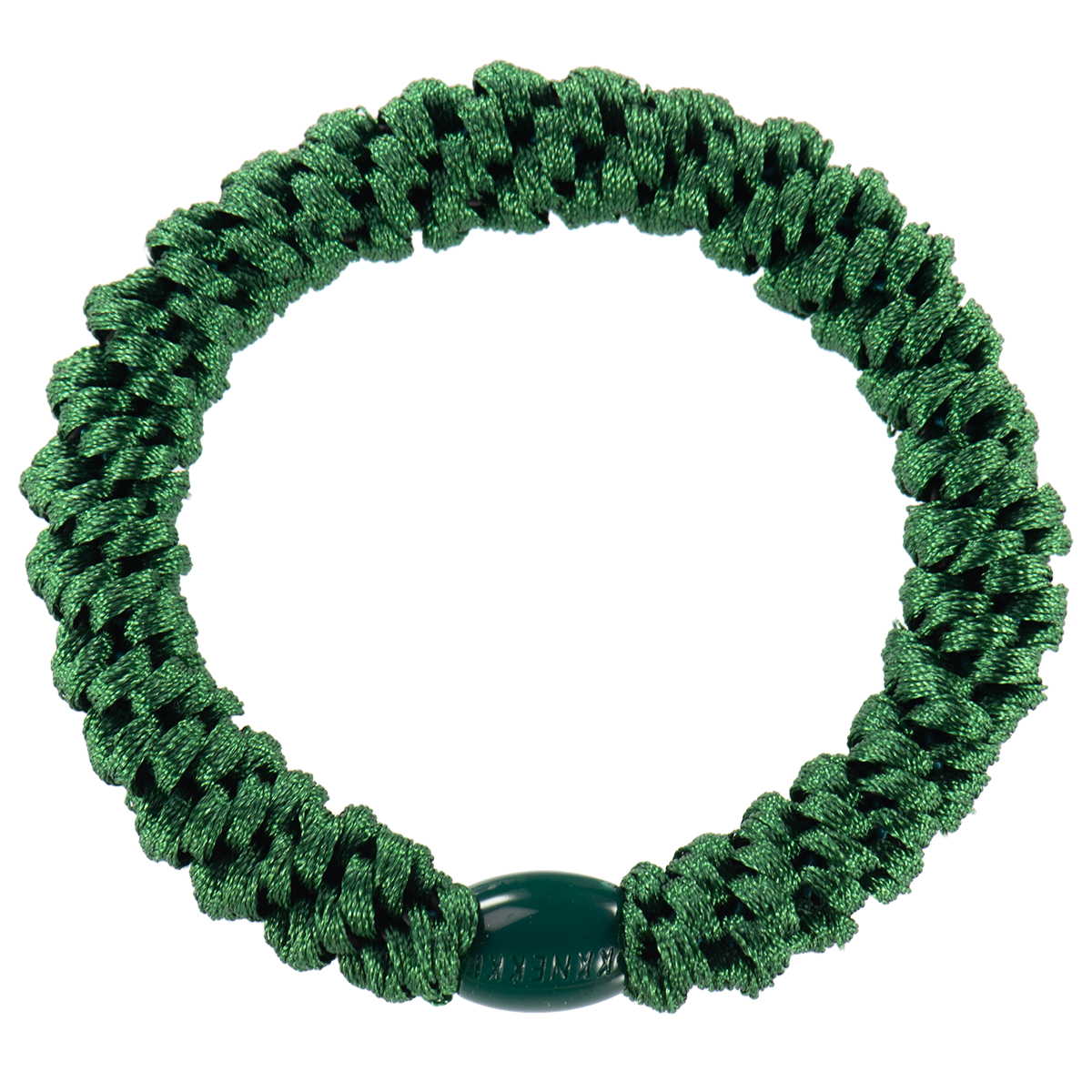 A close-up of a braided dark green Kknekki hair tie against a plain white background