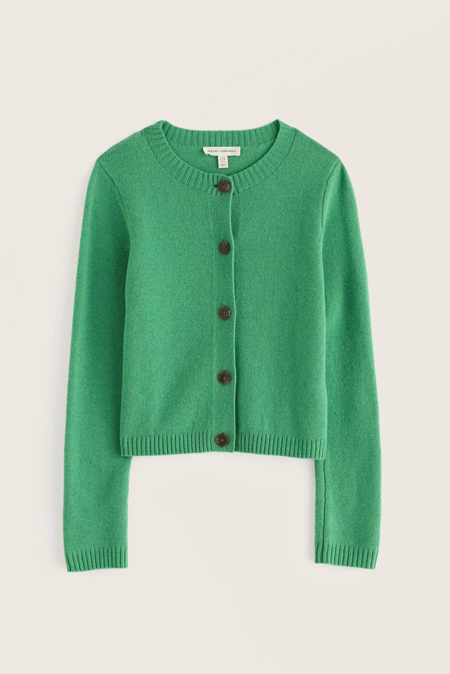 A green cropped knit cardigan sweater with dark brown buttons, displayed flat against a light beige background.