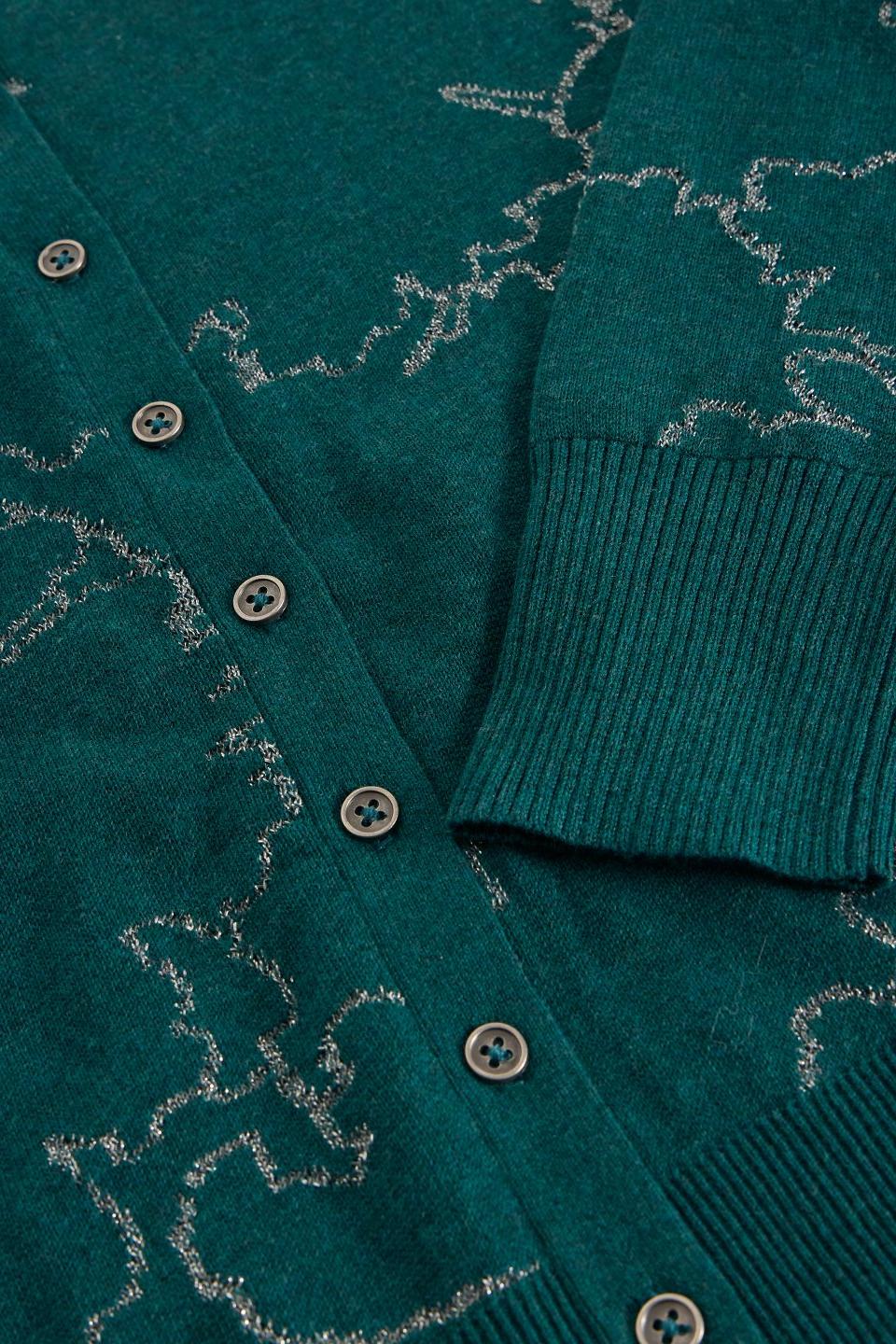Close-up of a green knit cardigan with metallic sparkle detailing and button-up front.
