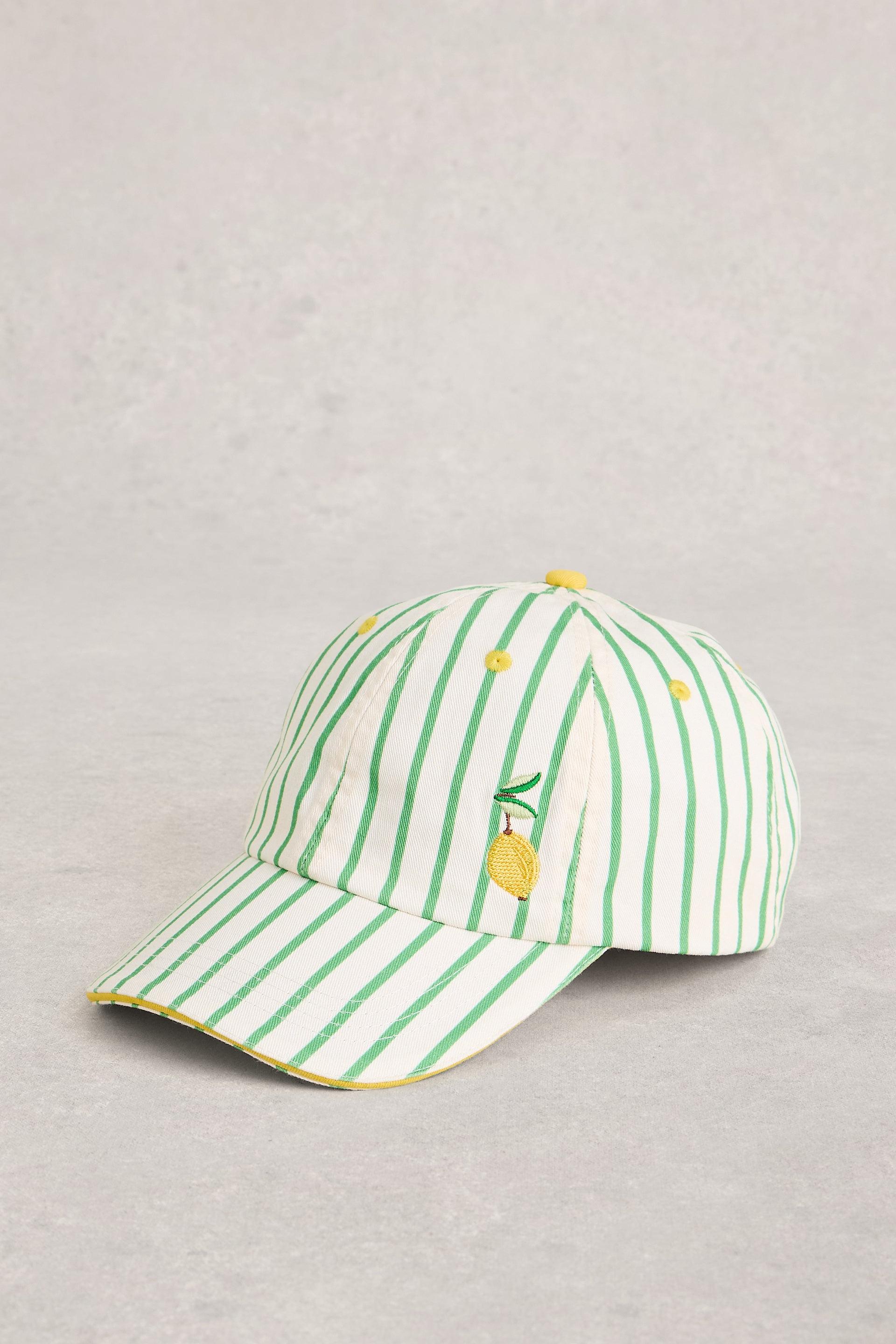 Baseball cap with green stripes and lemons embroidery