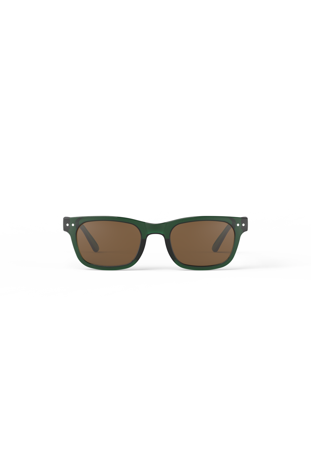 Green sunglasses with brown lenses on a white background