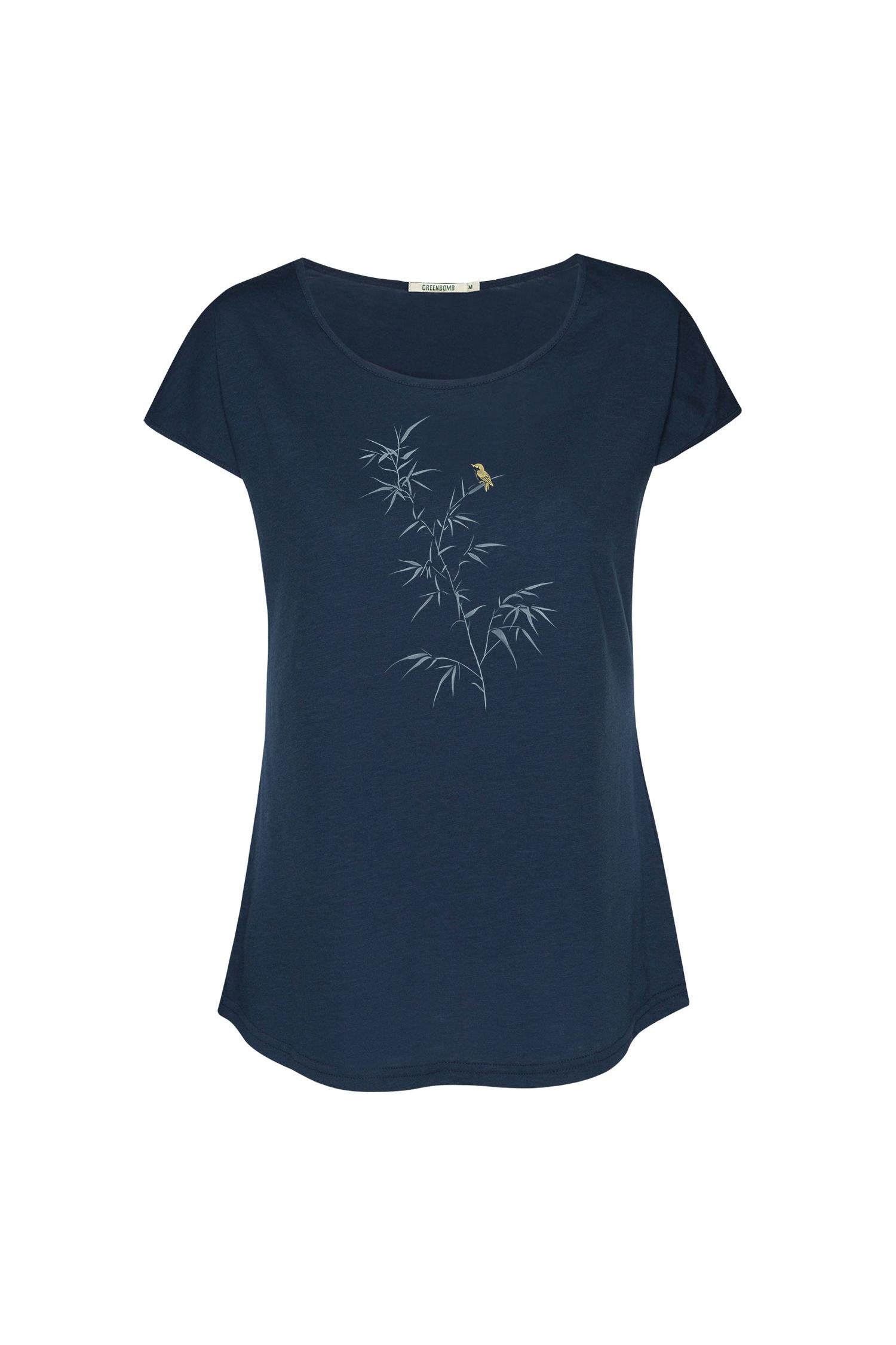 Navy blue t-shirt with bamboo design on a white background