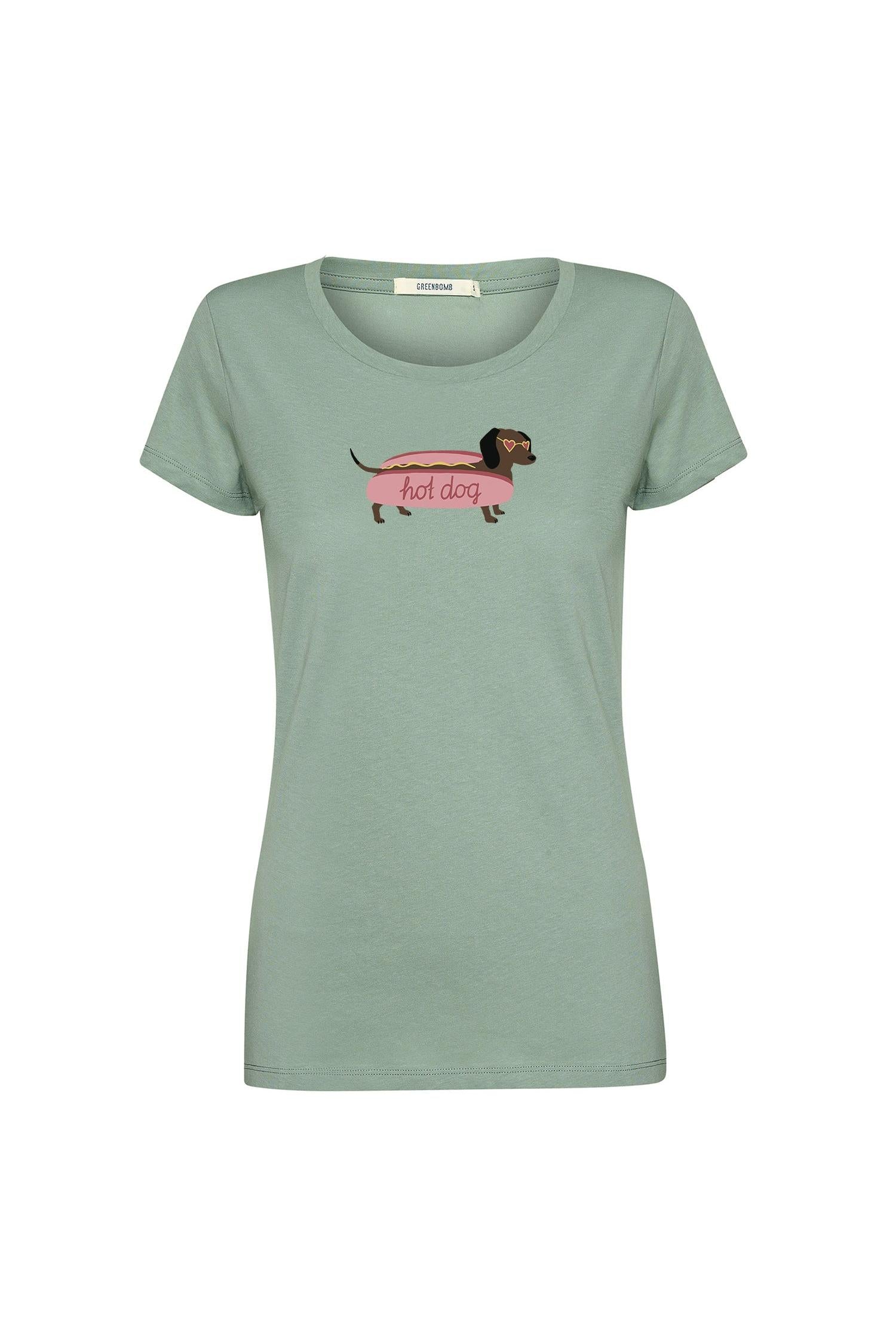 Green organic cotton t-shirt with a dog graphic and text on a white background