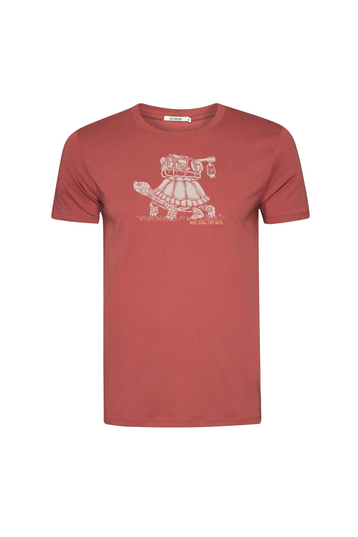Red crew neck t-shirt with a white graphic on a white background