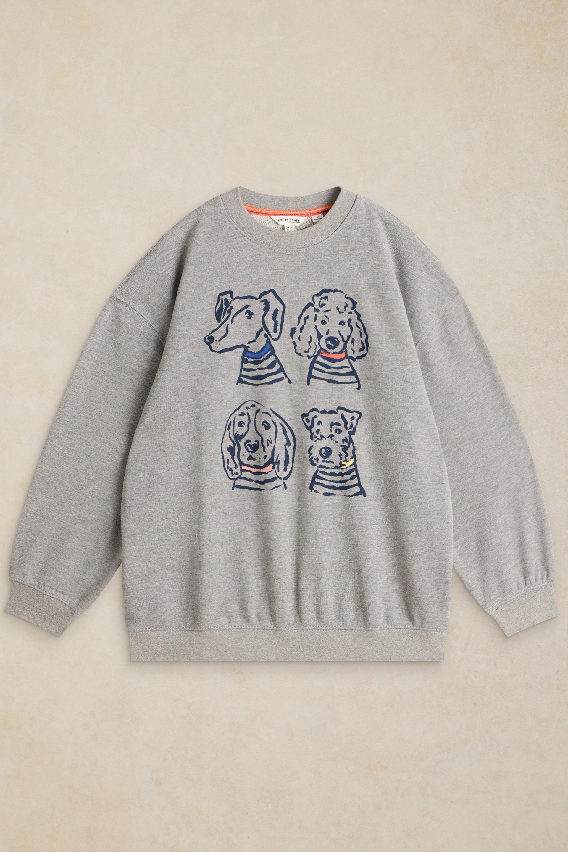 Gray sweatshirt with dog illustrations on a beige background