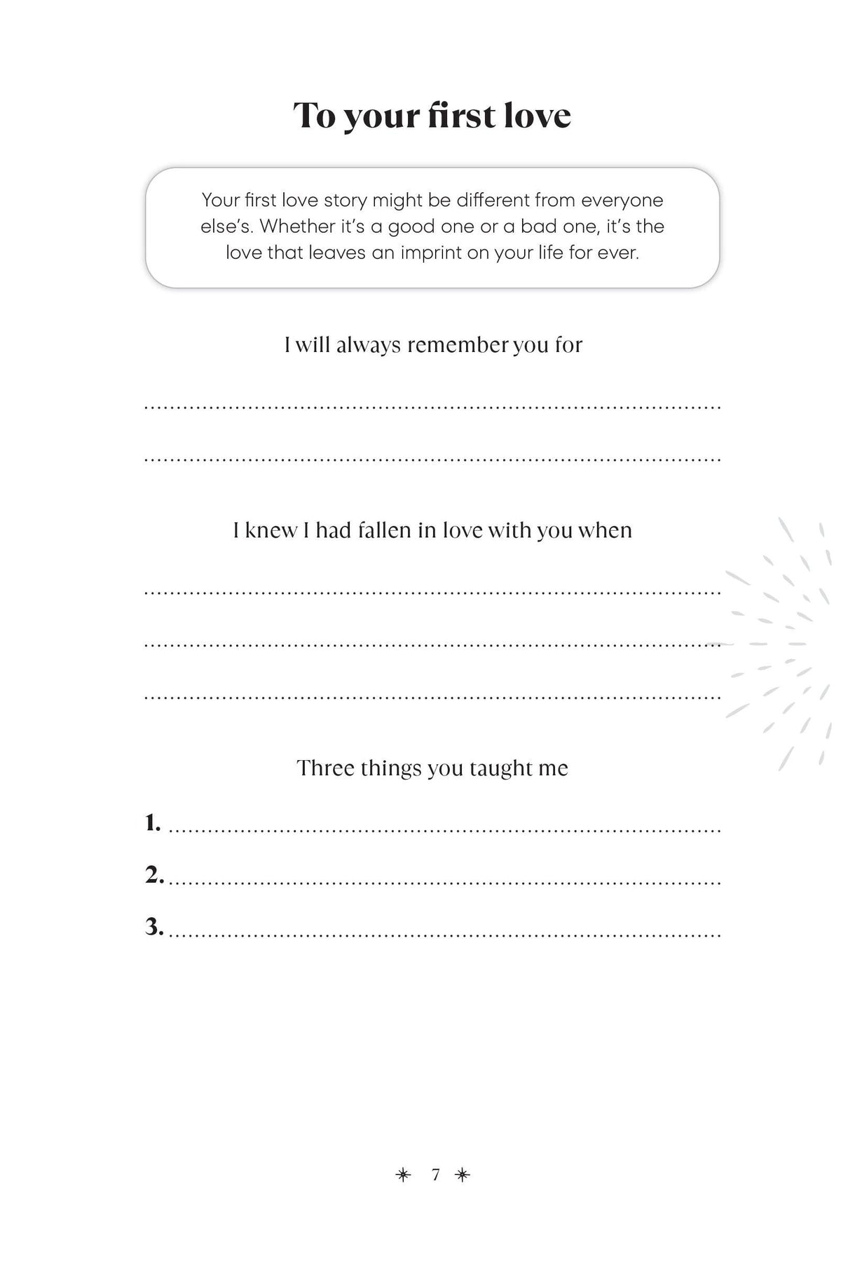 A page from a guided wellness journal with writing prompts about first love.