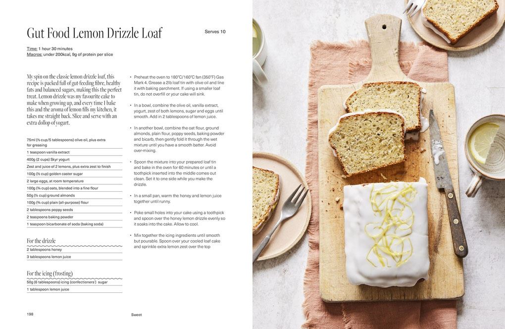 Bread loaf with lemon drizzle on a wooden board, surrounded by plates and utensils, with text on the left.