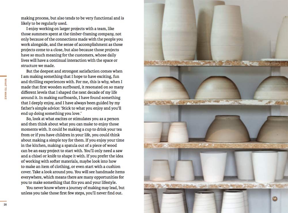 Text on a page with a wooden shelf displaying ceramic bowls.
