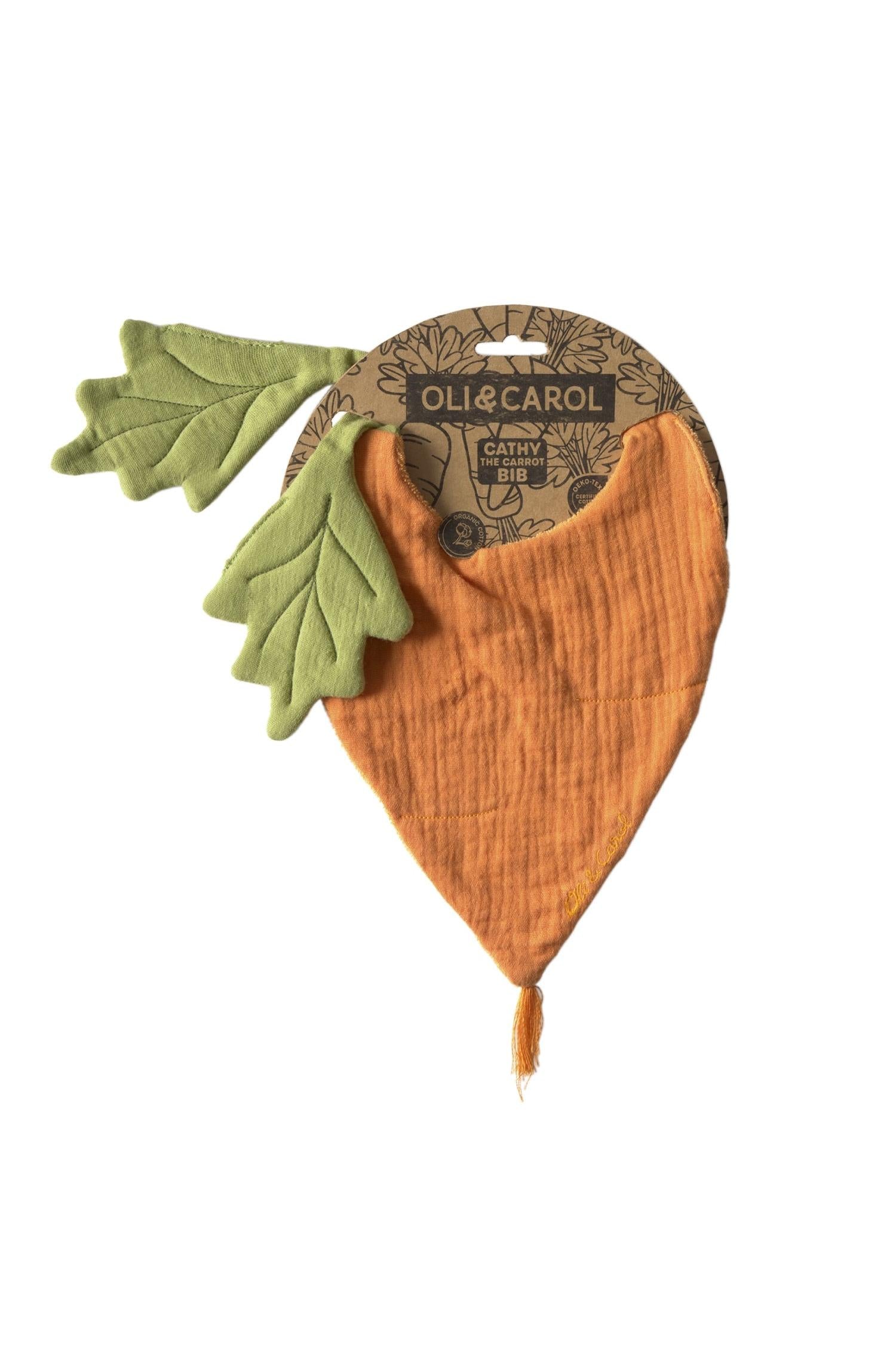 Carrot-shaped organic cotton bib with green felt leaves on a white background.