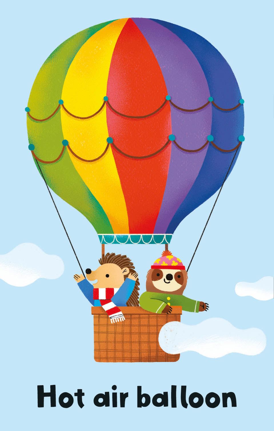 A cute cartoon hedgehog and sloth riding in a rainbow-colored hot air balloon against a light blue sky