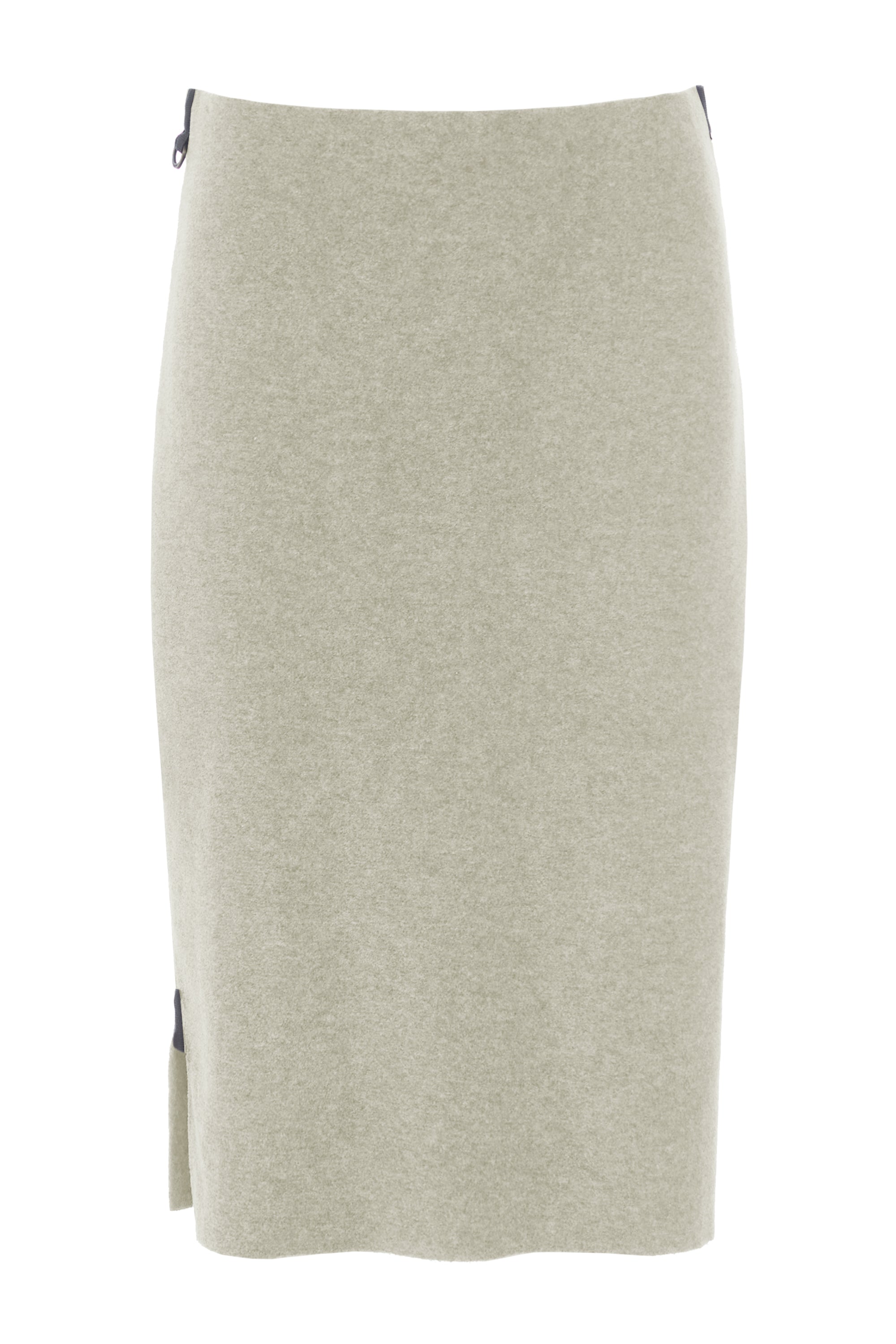 A light beige knit pencil skirt with a side slit and small black details at the waistband and hem, shown against a plain white background.