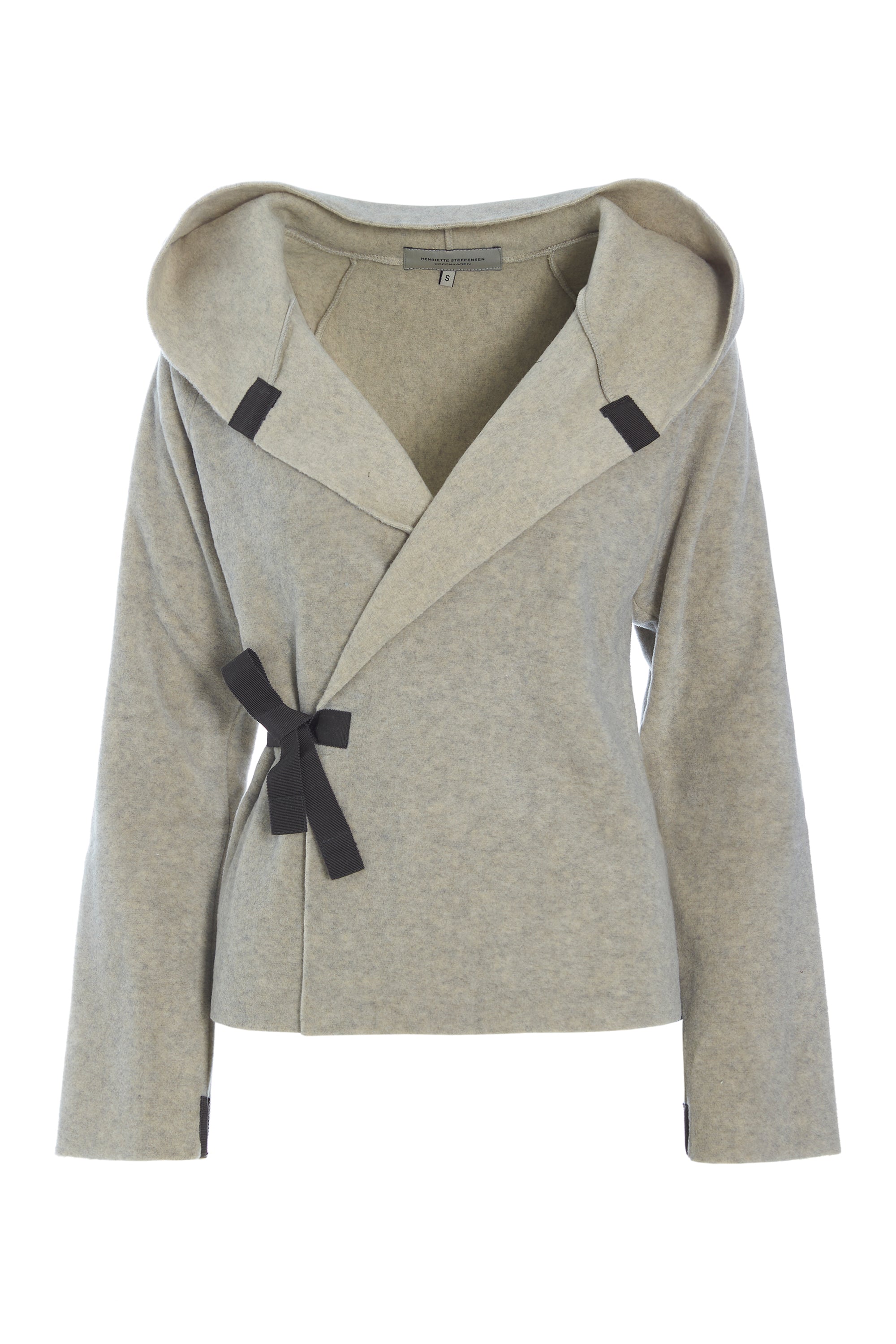 A beige heathered knit wrap jacket with a wide collar, long sleeves, and black ribbon accents tied at the waist and on the shoulders, shown against a plain white background.