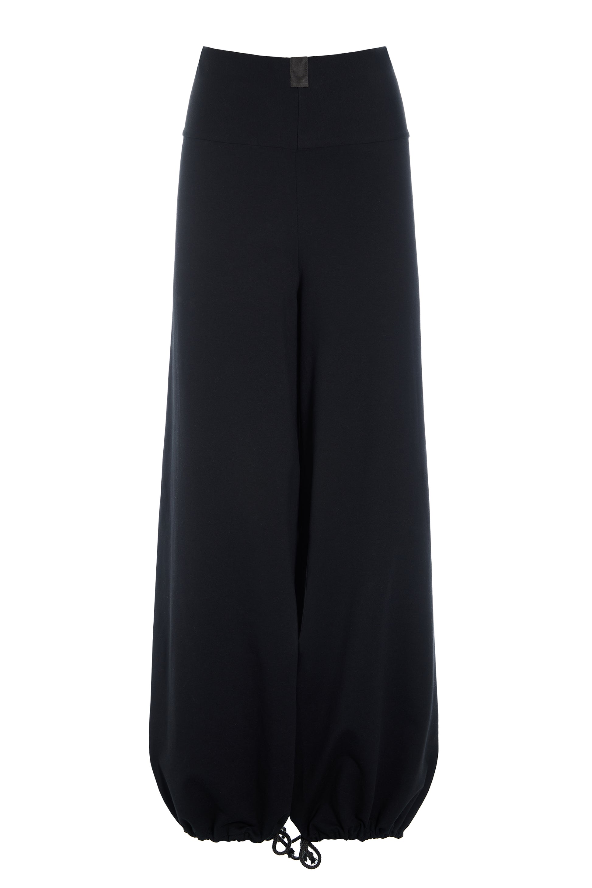Wide-leg black cotton trousers by Henriette Steffensen with drawstring hems isolated on white.