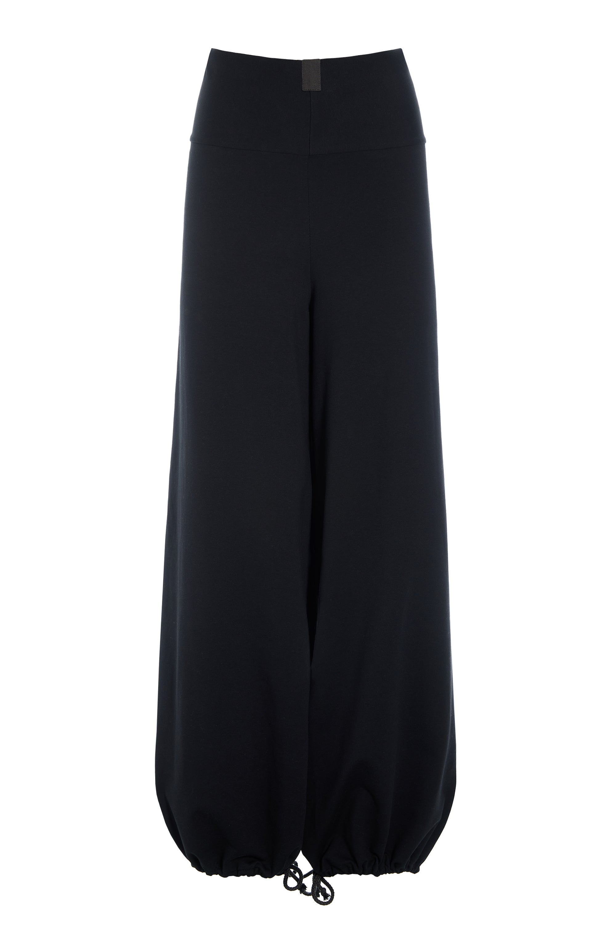 Wide-leg black cotton trousers by Henriette Steffensen with drawstring hems isolated on white.