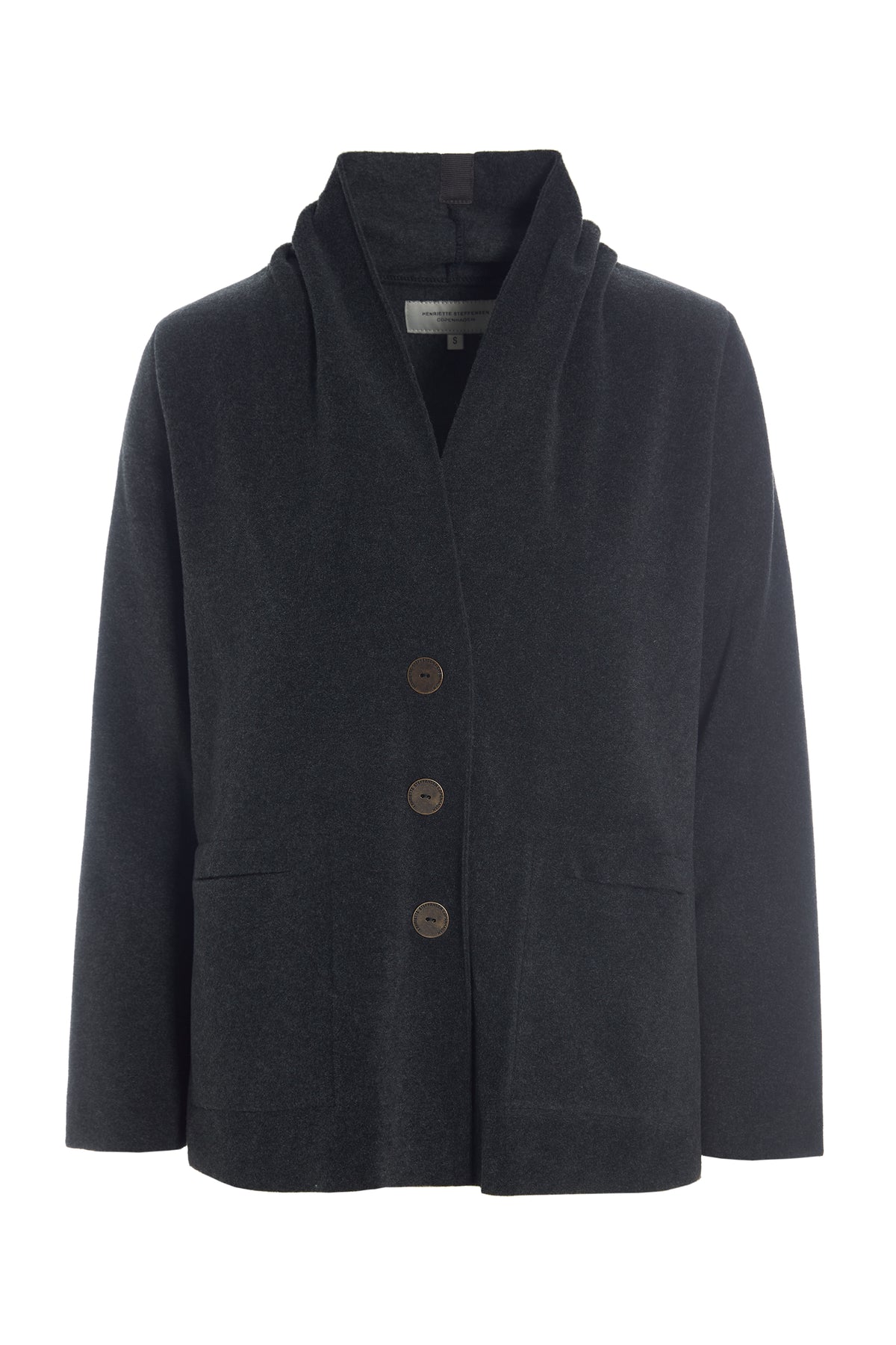 Henriette Steffensen black fleece button-down cardigan with a hood against a white background.