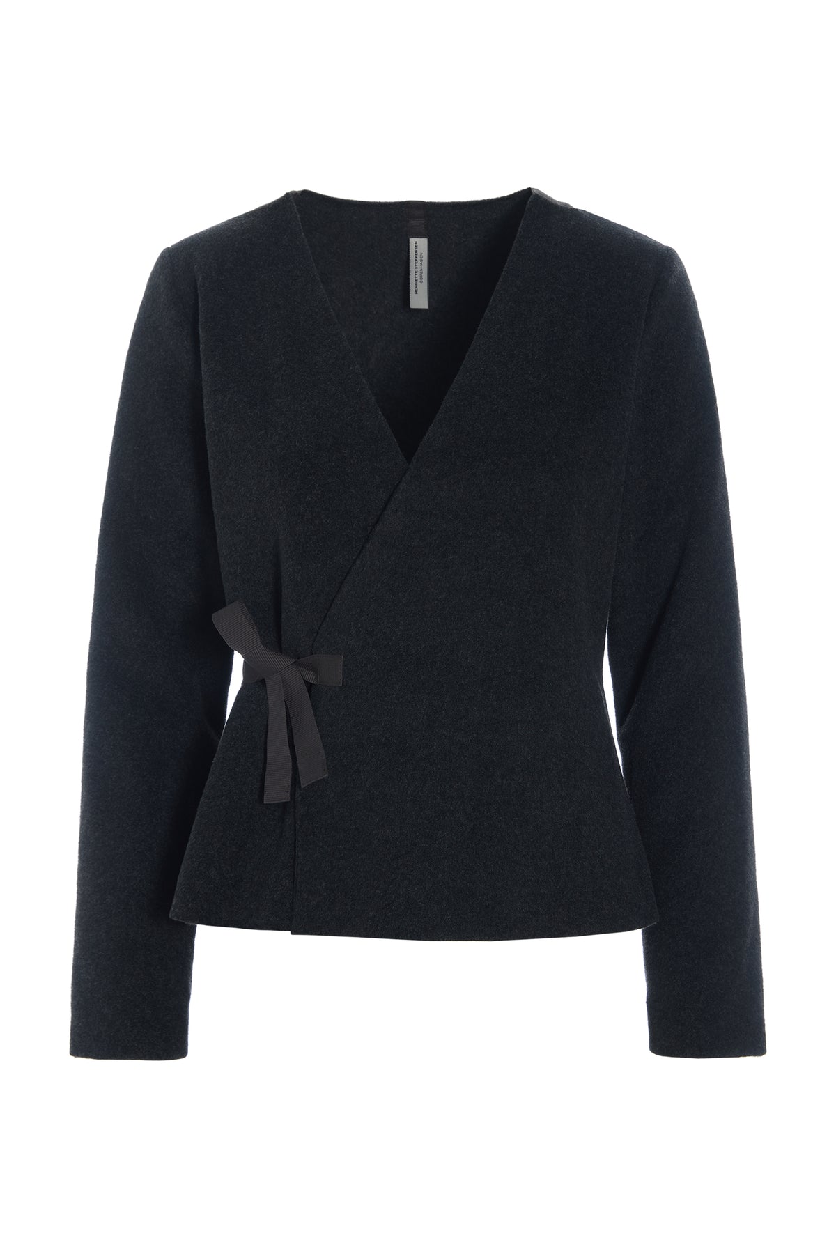 Henriette Steffensen black fleece wrap top with tie detail isolated on white background