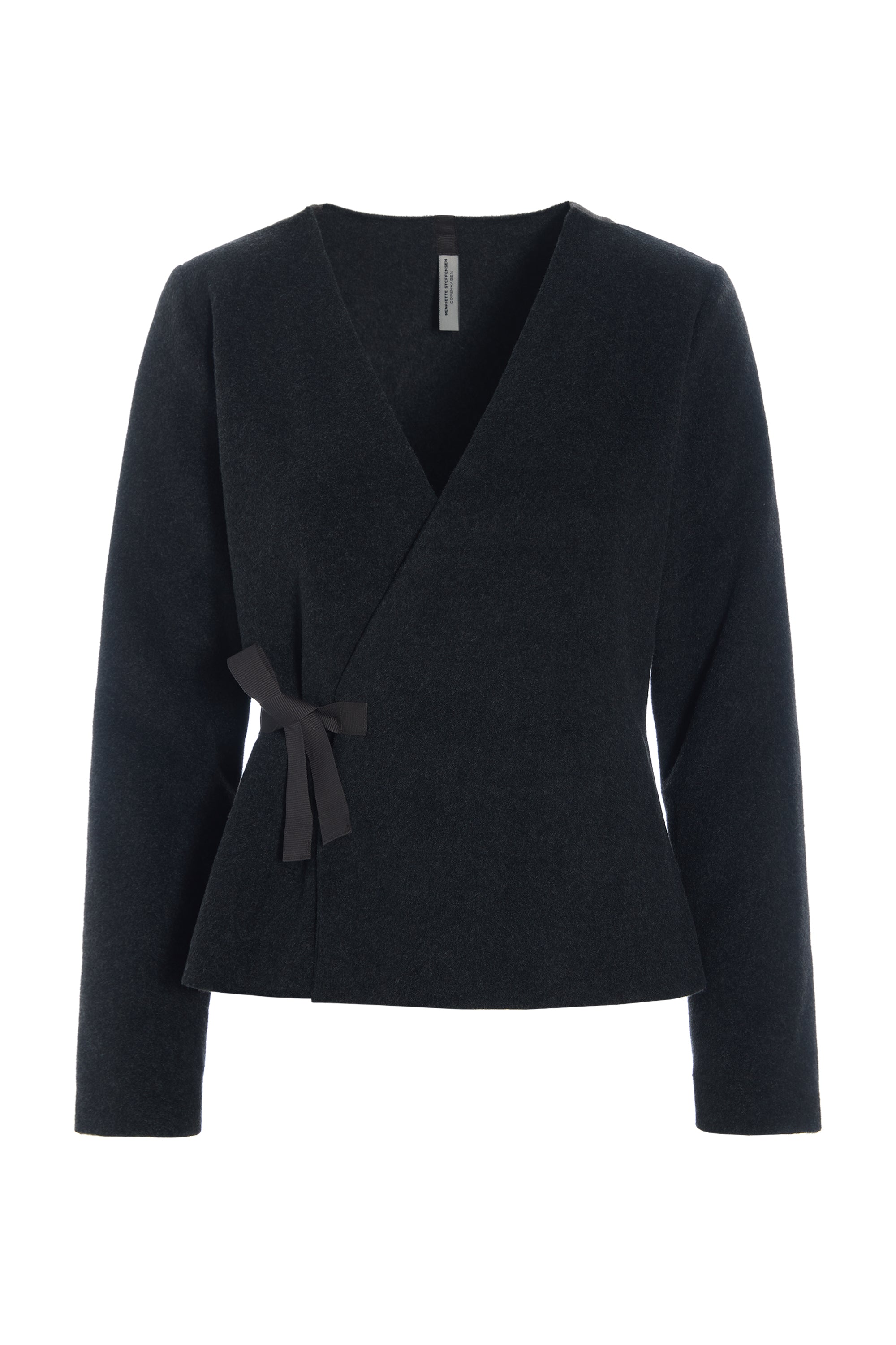 Henriette Steffensen black fleece wrap top with tie detail isolated on white background